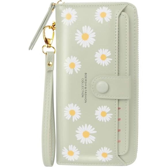 Women Leather Wallet RFID Blocking Zipper Pocket Wallet Green(Flower)